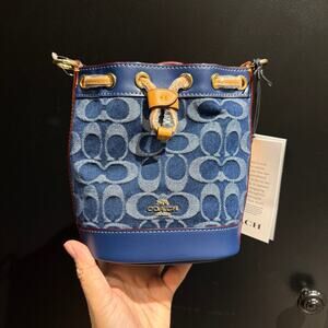 Coach Blue Denim Signature Drawstring Crossbody Bag with Tan Trim